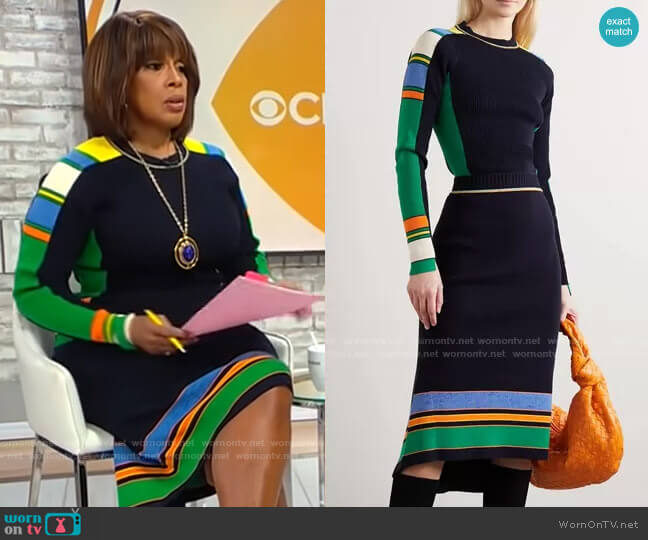 Victoria Beckham Stripe Ribbed Sweater and Skirt worn by Gayle King  on CBS Mornings