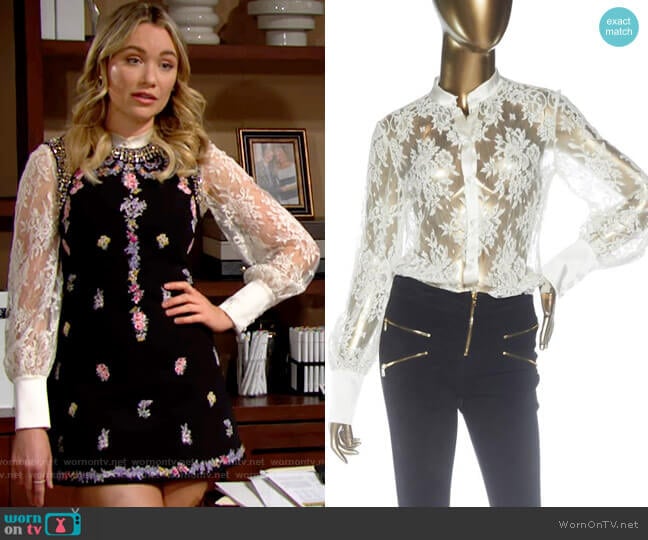 I.D. Sarrieri Lace Button Up Bodysuit worn by Flo Fulton (Katrina Bowden) on The Bold and the Beautiful