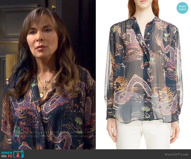 Daws Dragon Print Silk Blend Shirt by Isabel Marant worn by Kate Roberts (Lauren Koslow) on Days of our Lives