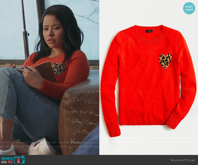 Cashmere crewneck sweater with leopard heart by J. Crew worn by Mariana Foster (Cierra Ramirez) on Good Trouble