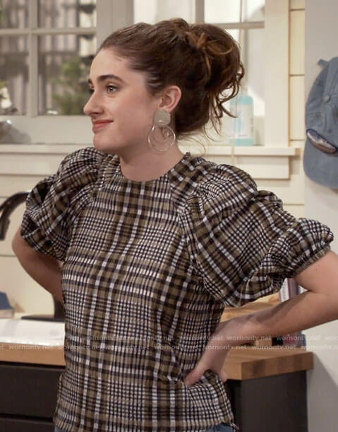 Jackie's plaid puff sleeve top on Call Your Mother