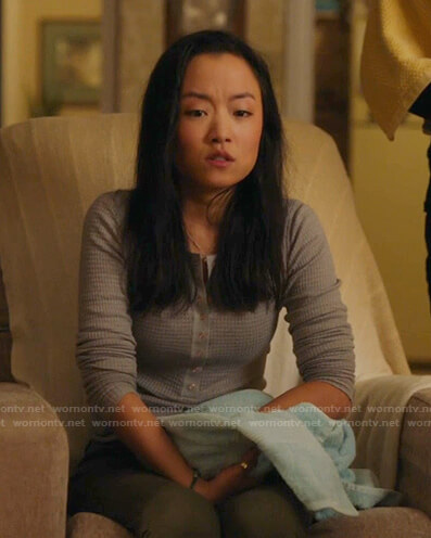 Janet’s grey henley top on Kims Convenience