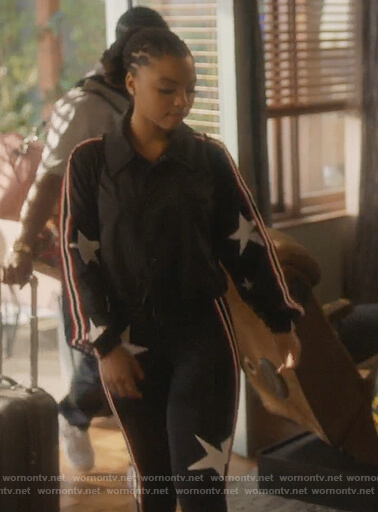 Jazlyn's black star print jacket and leggings on Grown-ish