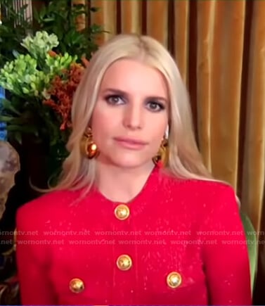 Jessica Simpson’s red cardigan with gold buttons on Good Morning America