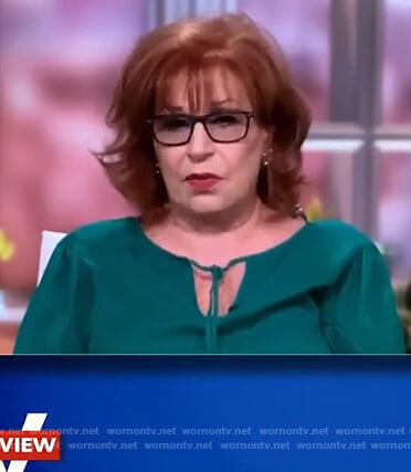 Joy’s green keyhole tie neck blouse on The View