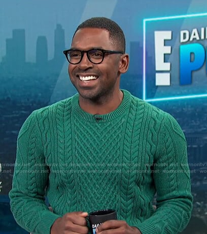 Justin’s green cable knit sweater on E! News Daily Pop