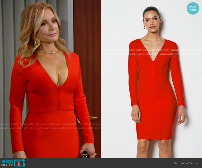 Karen Millen Long Sleeve Deep V Short Bandage Dress worn by Lauren Fenmore (Tracey Bregman) on The Young and the Restless