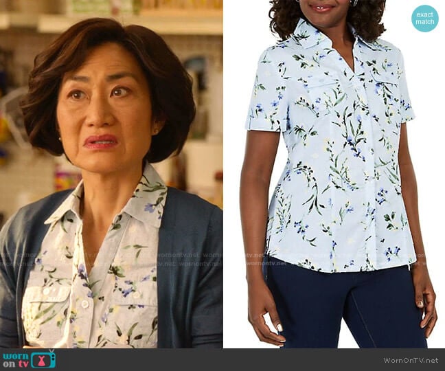 Mrs. Kim’s blue floral shirt on Kims Convenience