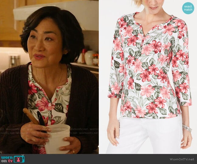 Floral-Print 3/4-Sleeve Top by Karen Scott worn by Mrs Kim (Jean Yoon) on Kims Convenience