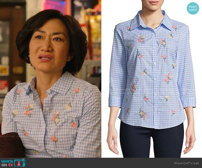 Gingham Posy Embroidered Cotton Button-Down Shirt by Karen Scott worn by Mrs Kim (Jean Yoon) on Kims Convenience