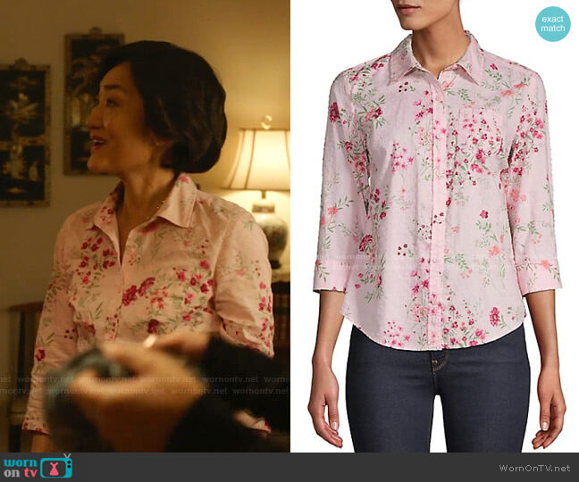 Mrs. Kim’s pink floral button down blouse on Kims Convenience