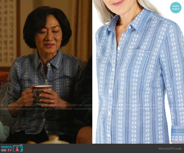 Floral & Striped Cotton Shirt by Karen Scott worn by Mrs Kim (Jean Yoon) on Kims Convenience