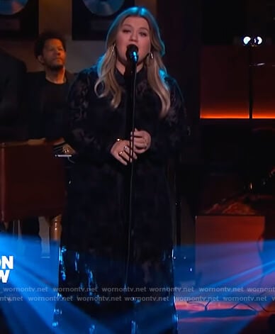 Kelly’s black lace long sleeve dress on The Kelly Clarkson Show