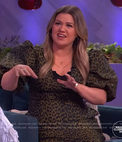 Kelly’s green leopard print puff sleeve dress on The Kelly Clarkson Show