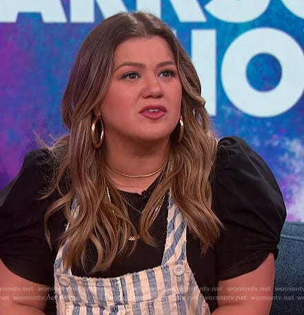Kelly’s striped distressed overalls on The Kelly Clarkson Show