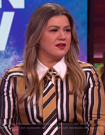 Kelly’s stripe tie neck blouse on The Kelly Clarkson Show