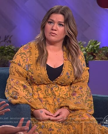 Kelly’s yellow floral print ruffled dress  on The Kelly Clarkson Show