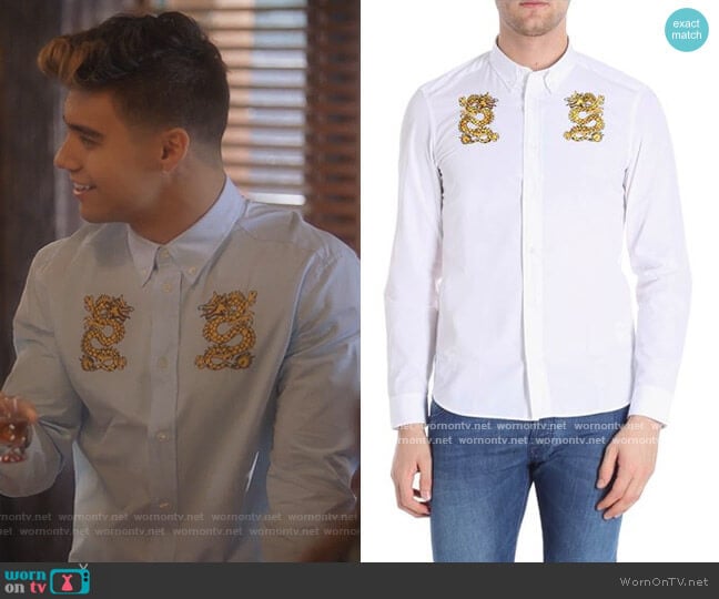 White Shirt with Dragons Embroidery by Kenzo worn by Vivek Shah (Jordan Buhat) on Grown-ish