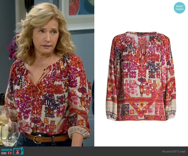 Kobi Halperin Romina Ikat Silk Blouse worn by Vanessa Baxter (Nancy Travis) on Last Man Standing