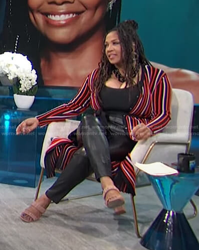 Kym’s red striped long cardigan on E! News Daily Pop