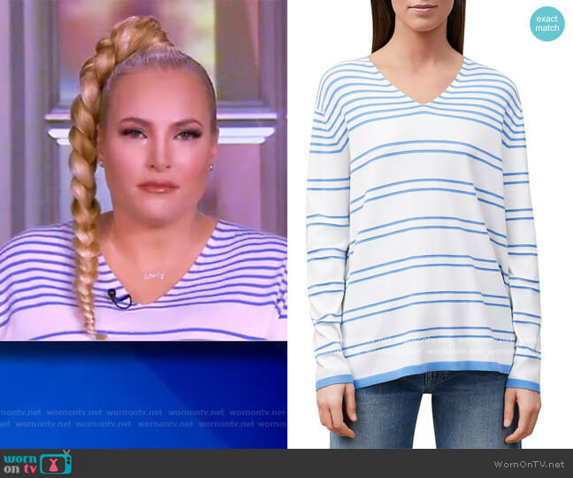 Striped Lurex V-Neck Sweater by Lafayette 148 worn by Meghan McCain on The View