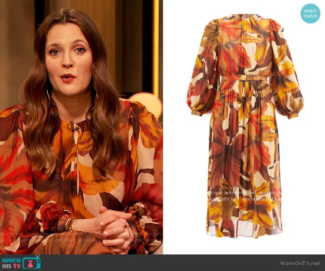 Vida Mia floral-print crepe dress by Johanna Ortiz worn by Drew Barrymore on The Drew Barrymore Show