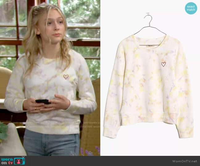 Madewell Heart Embroidered (Re)sourced Cotton Sweatshirt in Tie-Dye worn by Faith Newman (Alyvia Alyn Lind) on The Young & the Restless