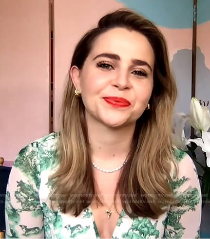 Mae Whitman’s white and green printed dress on The Drew Barrymore Show