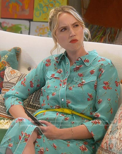 Mandy's turquoise floral shirtdress on Last Man Standing