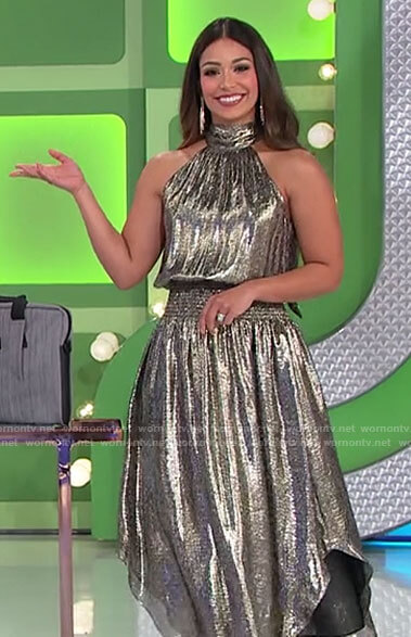 Manuela’s gold sleeveless midi dress on The Price is Right