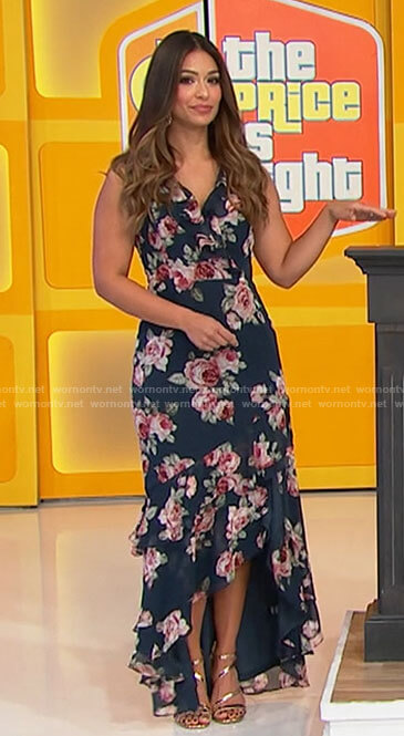 Manuela’s rose print maxi dress on The Price is Right