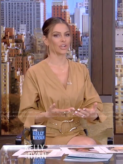 Maria Menounos’s beige belted poplin mini dress on Live with Kelly and Ryan