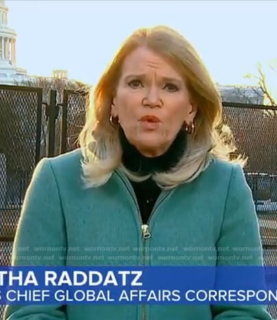 Martha Raddatz’s green zip front coat on Good Morning America