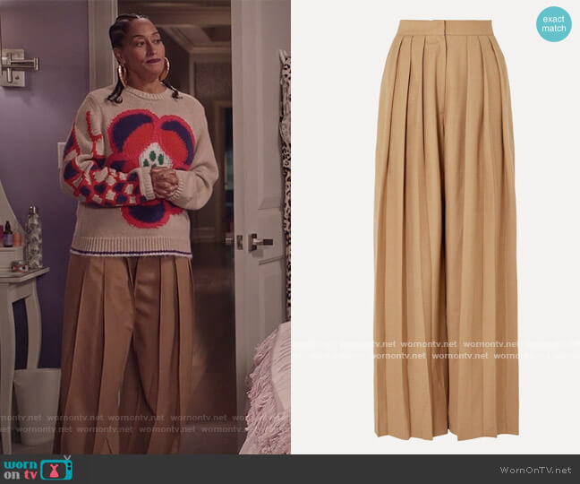 Triple Pleat wool-blend wide-leg pants by Materiel worn by Rainbow Johnson (Tracee Ellis Ross) on Black-ish