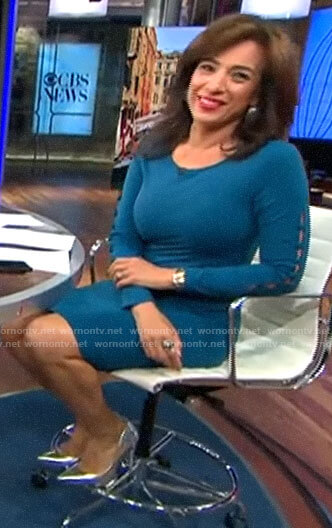 Michelle Miller’s teal blue buttoned sleeve dress on CBS This Morning