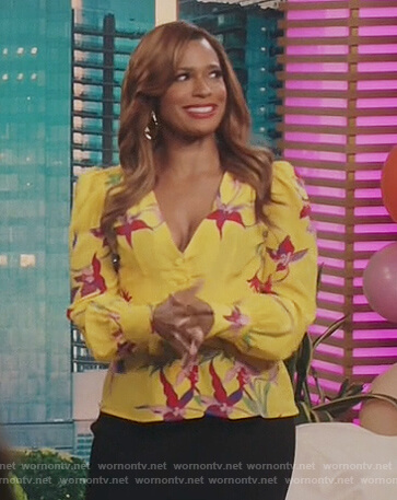 Mika's yellow floral button down blouse on Kenan