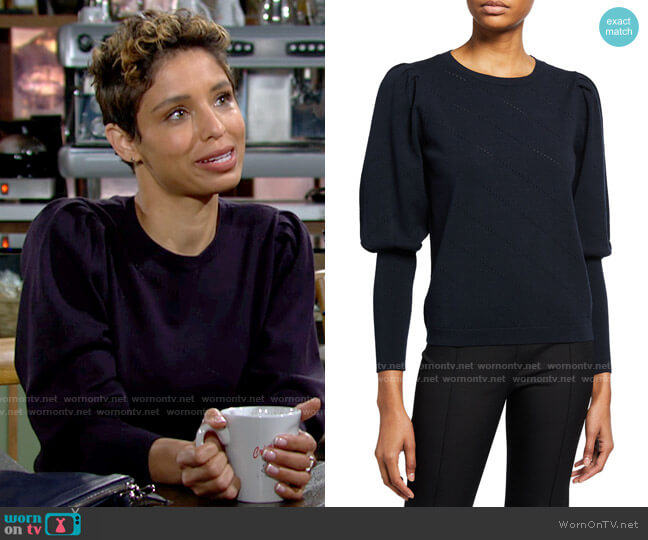 Milly Diagonal Pointelle Knit Puff-Sleeve Top worn by Elena Dawson (Brytni Sarpy) on The Young and the Restless