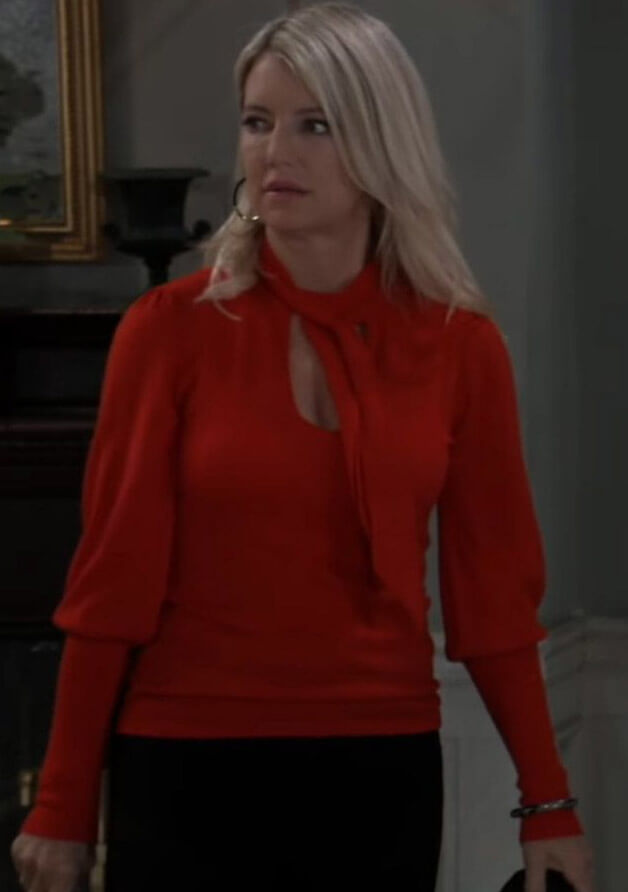 Nina’s red tie neck sweater on General Hospital