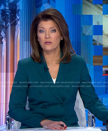 Norah’s teal double breasted blazer on CBS Evening News