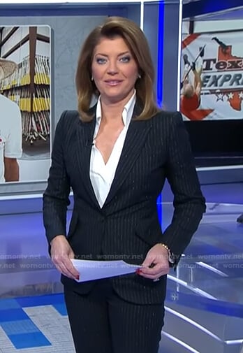 Nora’s metallic pinstripe blazer on CBS Evening News