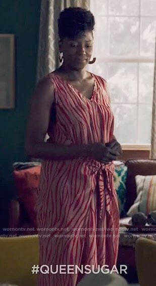 Nova's red zebra print jumpsuit on Queen Sugar