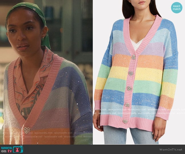 Mika Embellished Rainbow Cardigan by Olivia Rubin worn by Zoey Johnson (Yara Shahidi) on Grown-ish