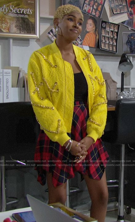 Paris's yellow chain detail bomber jacket and plaid skirt on The Bold and the Beautiful