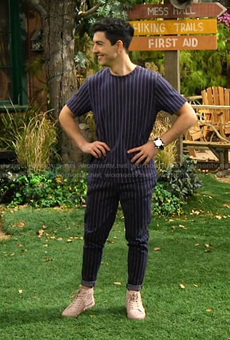 Parker’s navy pinstripe tee and pants on Bunkd