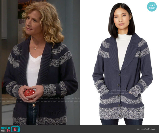 Pendleton Indigo Diamond Cardigan Sweater worn by Vanessa Baxter (Nancy Travis) on Last Man Standing