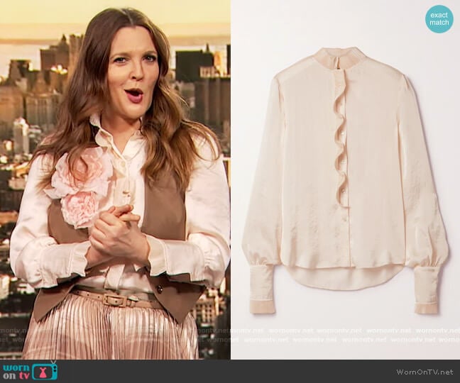 Plisse ruffled hammered-satin blouse by Philosophy worn by Drew Barrymore on The Drew Barrymore Show