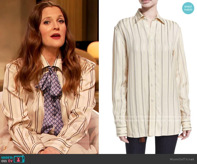 Adrien Satin-Stripe Boyfriend Shirt by Ralph Lauren worn by Drew Barrymore on The Drew Barrymore Show