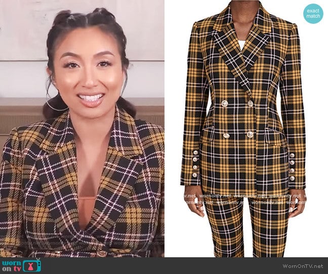 Chateau double-breasted checked jacquard blazer by Rebecca Vallance worn by Jeannie Mai on The Real