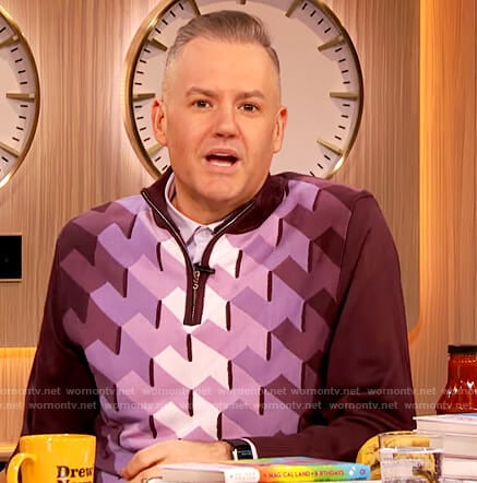 Ross Mathew's purple geometric sweater on The Drew Barrymore Show