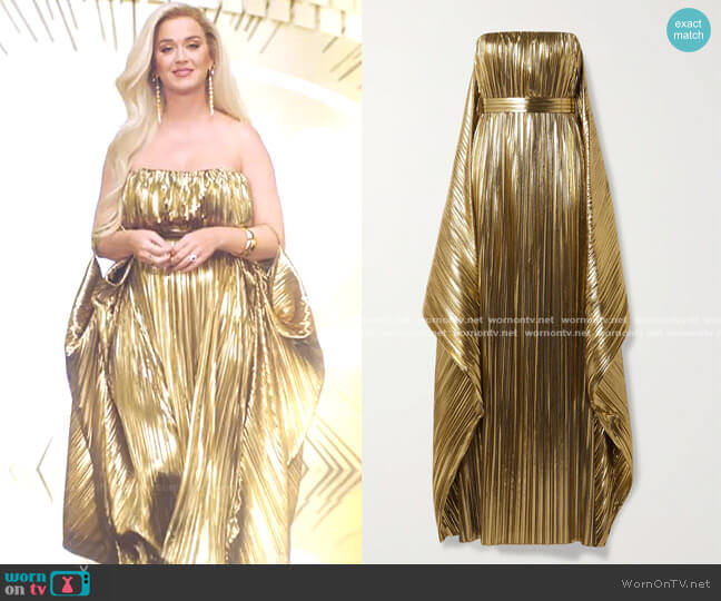 Belted Draped Pleated Lamé Gown by Semsem worn by Katy Perry on American Idol